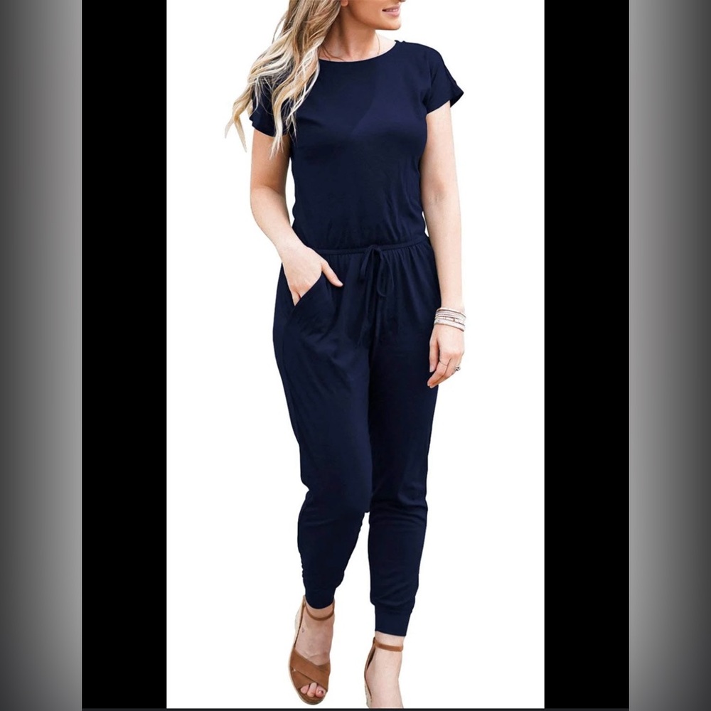 Floral Blooming Jumper Jumpsuit Romper Women’s Size Medium Blue Pockets Stretch